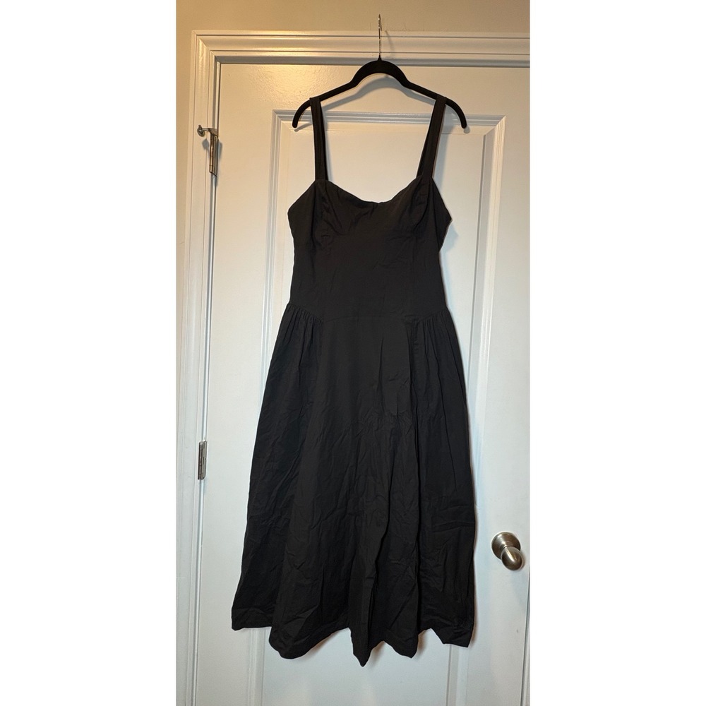 Free People Black Cotton Midi Dress Square Neck Smocked Back Pockets -XL - Picture 6 of 8